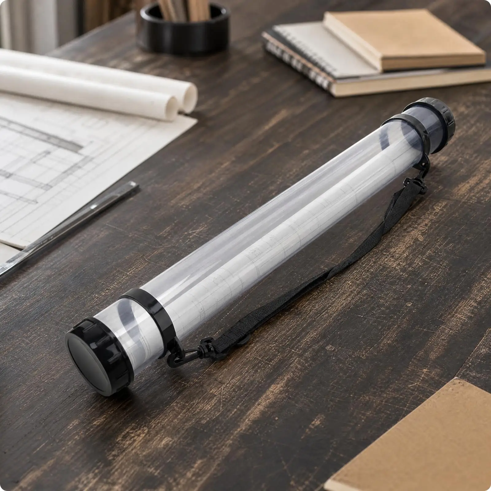 Drawing Storage Tube Transparent PVC Cylinder with Shoulder Strap for Rolled Art Blueprints and Decorative Paper