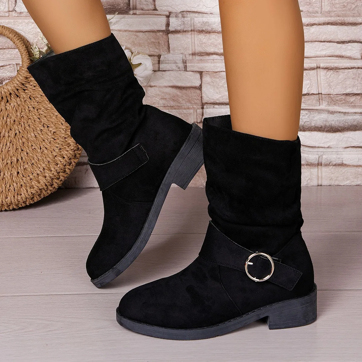 

Women's belt buckle mid-calf fashion boots, plus-size knight boots, sleeve Western cowboy boots