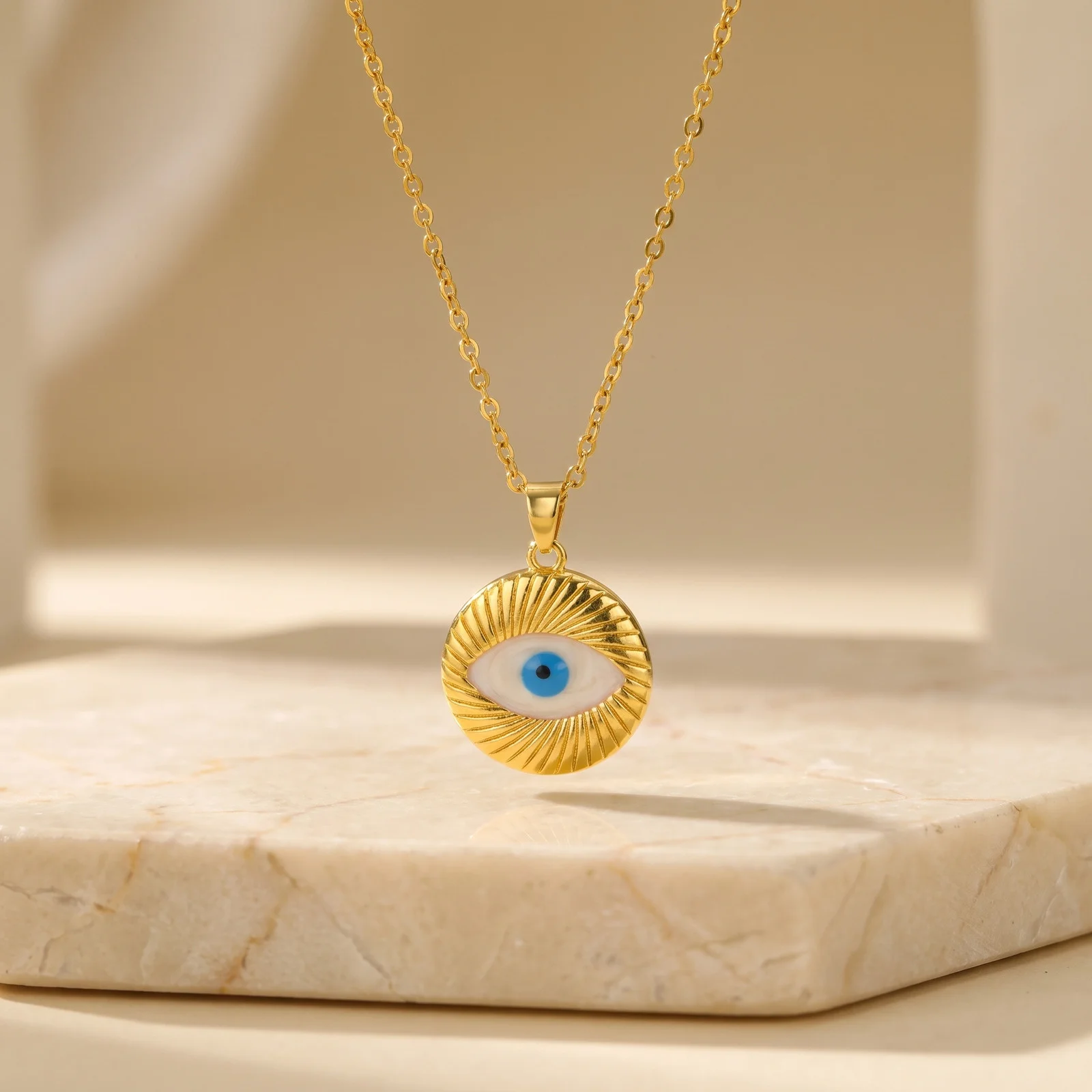 Blue Evil Eye Necklace for Women, Round Amulet Pendant, Lucky Protection Charm Jewelry