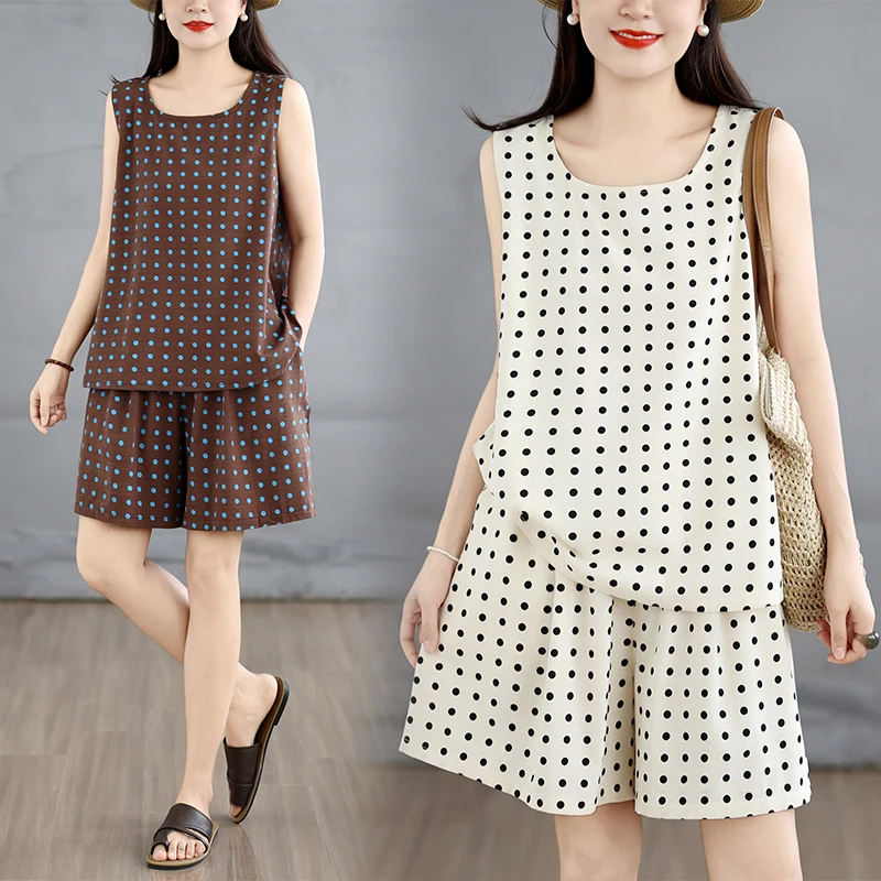 Summer 2026 Slimming Effect Cotton round Dot Print round Neck Sleeveless Loose Fit Two-Piece Set Women's Fashion Casual Wear