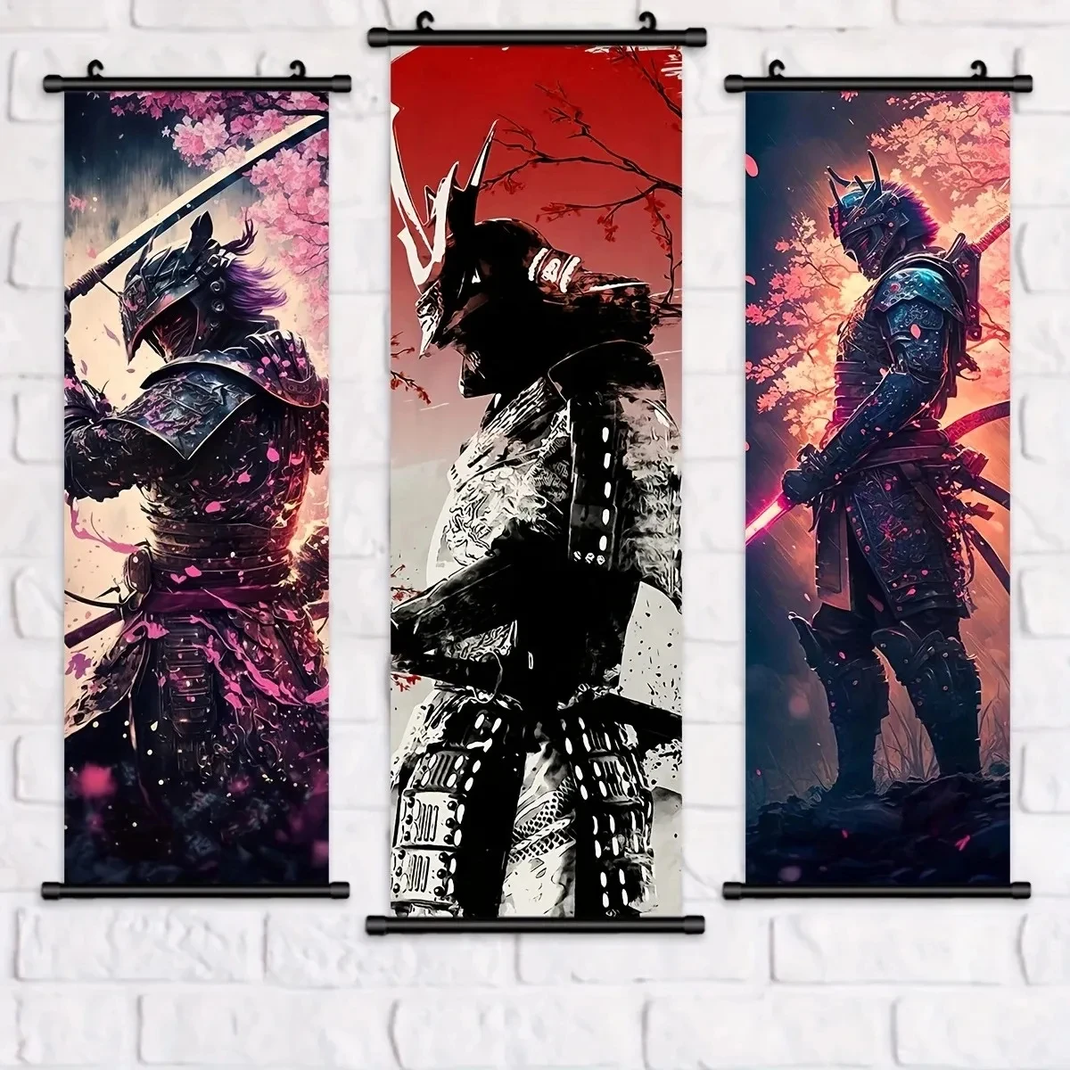 VIKAMA Cyber Samurai Sakura Wall Scroll, 3 Designs, Wall Decor for Bedroom Living Room Dorm