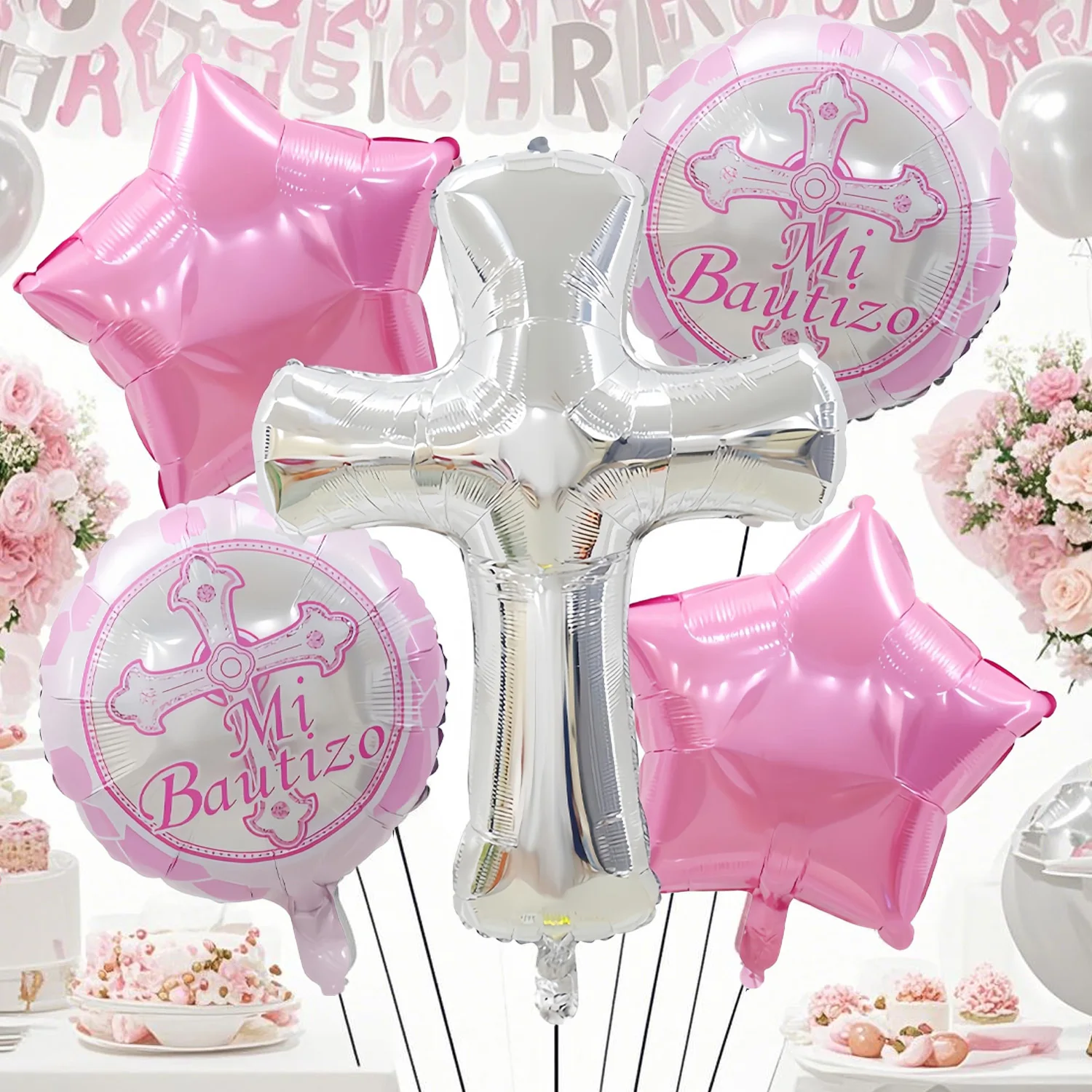 Erstkommunion-Ballon-Set, kreuzförmige Dekoration für Hochzeit, Gottes Segen, Taufe, Feier, Dekoration (blau/rosa)