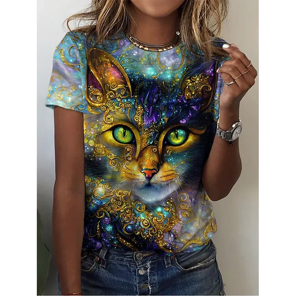 2024 New Fashion Women\'s T-shirt 3D Cute Kitten Print Short Sleeve Top Harajuku Animal Pattern Short Sleeve Street T-shirt Loose