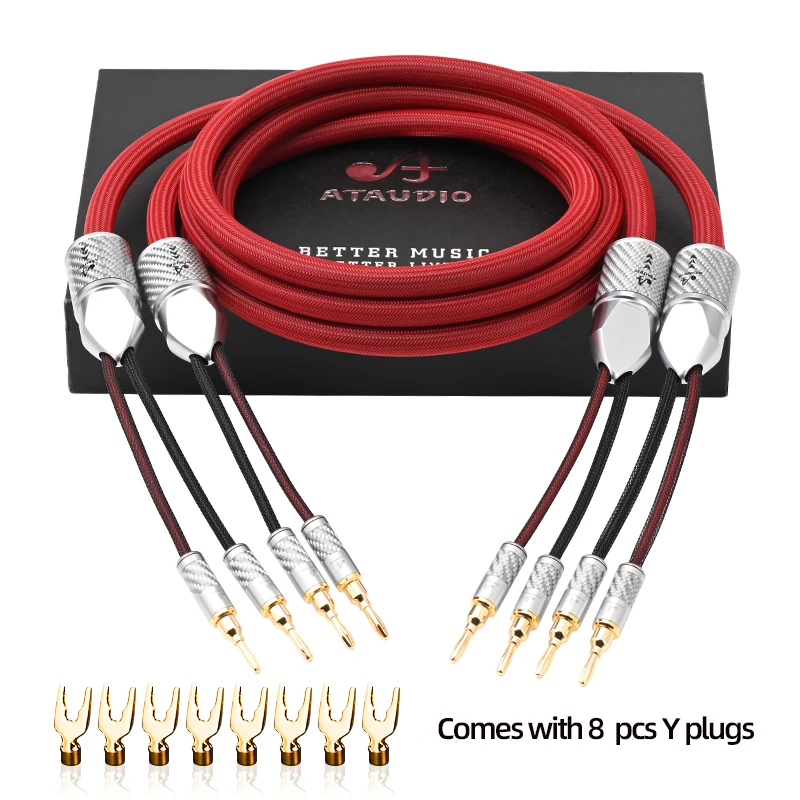 ATAUDIO HiFi Pure Silver Speaker Cable Carbon Fiber Gold Plated Banana Spade Plug Professional HiFi Loudspeaker Wire