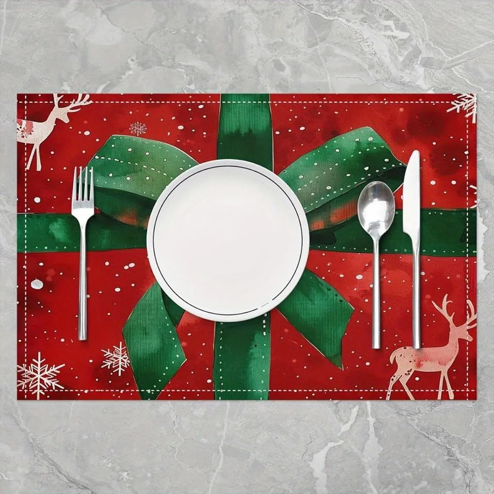 4pcs Festive Christmas Placemats 12x18 In Green Red with Golden Accents, Washable Linen Table Mats for Indoor Outdoor Use