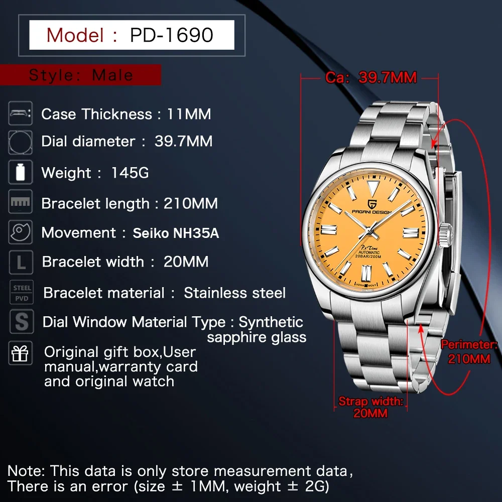 PAGANI DESIGN PD1690 Blue Men's Automatic Mechanical Watch Sapphire Glass 316Stainless Steel 100m Waterproof NH35A Clock Jubilee