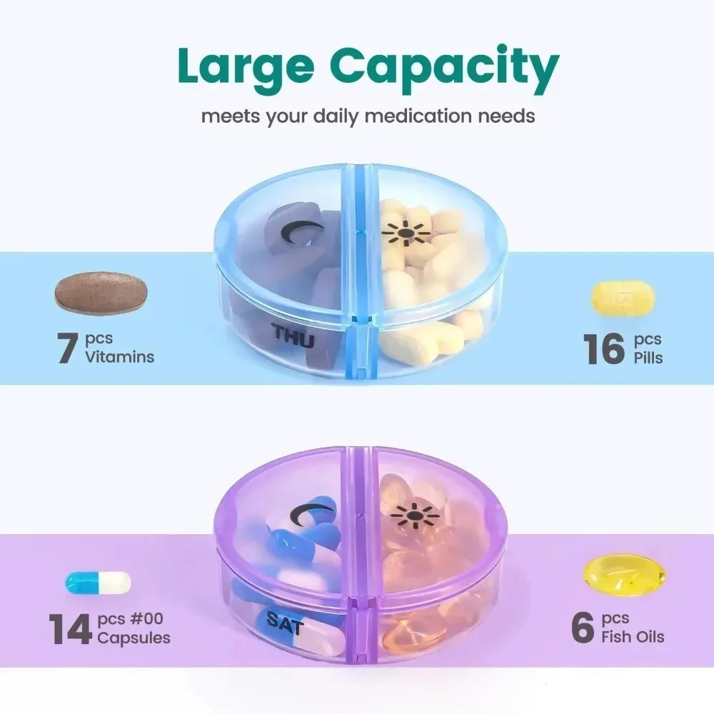 New Weekly 7 Day Detachable Round Pill Box 2 Times A Day Portable Travel Medicine Vitamin Storage Case with Dustproof Outer Box