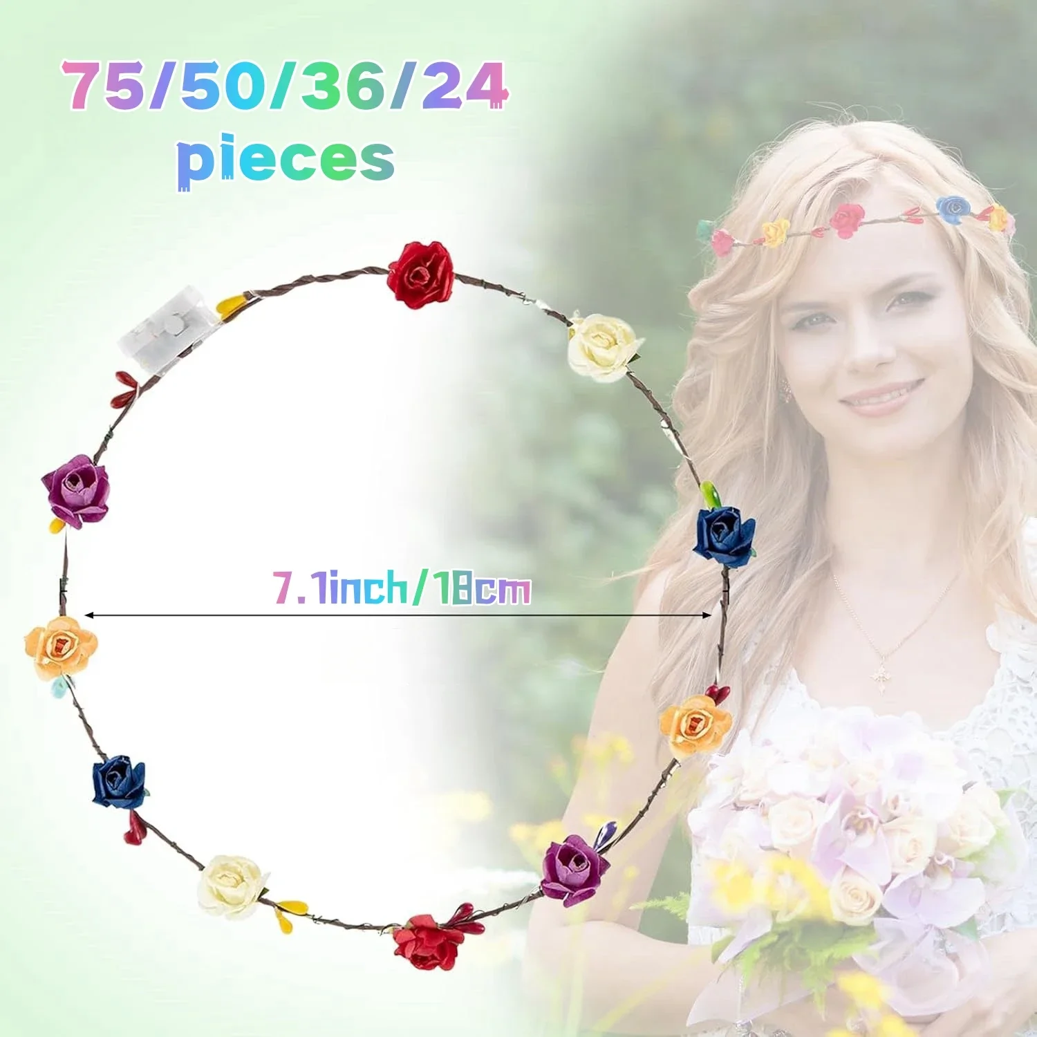 24-75Pcs LED Flower Headbands Glowing Flower Crowns LED Wreath Headband Flower Hair Accessories For Wedding Party Concert