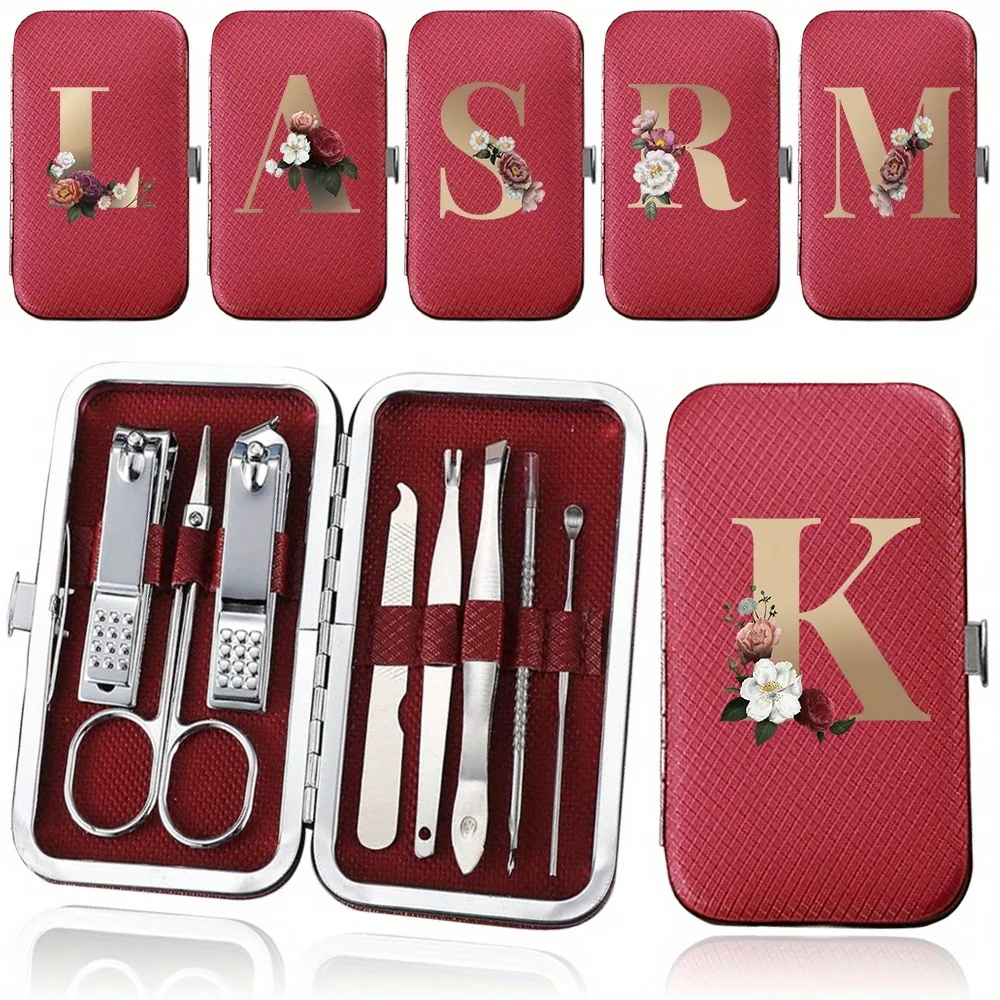 8pcs Nail Clipper Set Bag Men Fingernail Nursing Organizer Case Women Manicure Beauty Tool Gold Gradation Flower Letters Pattern