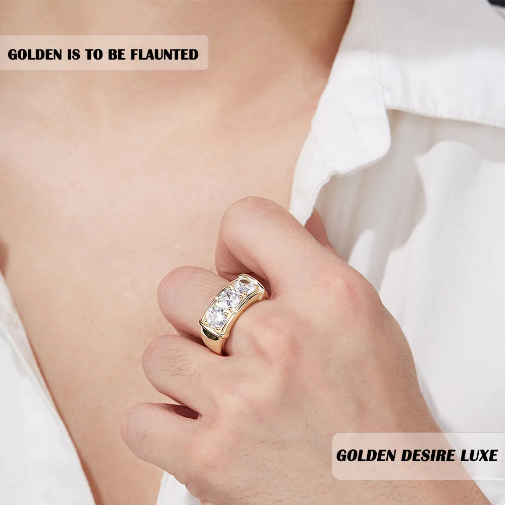 خاتم مويسانيتي ثلاثي الحجر من CTW مصنوع من الفضة الإسترليني عيار 925 ومطلي بالذهب عيار 18 قيراط وشريط كلاسيكي رائع يأتي مع شهادة GRA #3