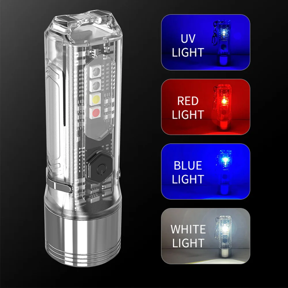 Portable Fluorescent Keychain Light USB C Rechargeable EDC Mini UV Led Flashlight Magnetic Emergency Work Light Color Side Torch