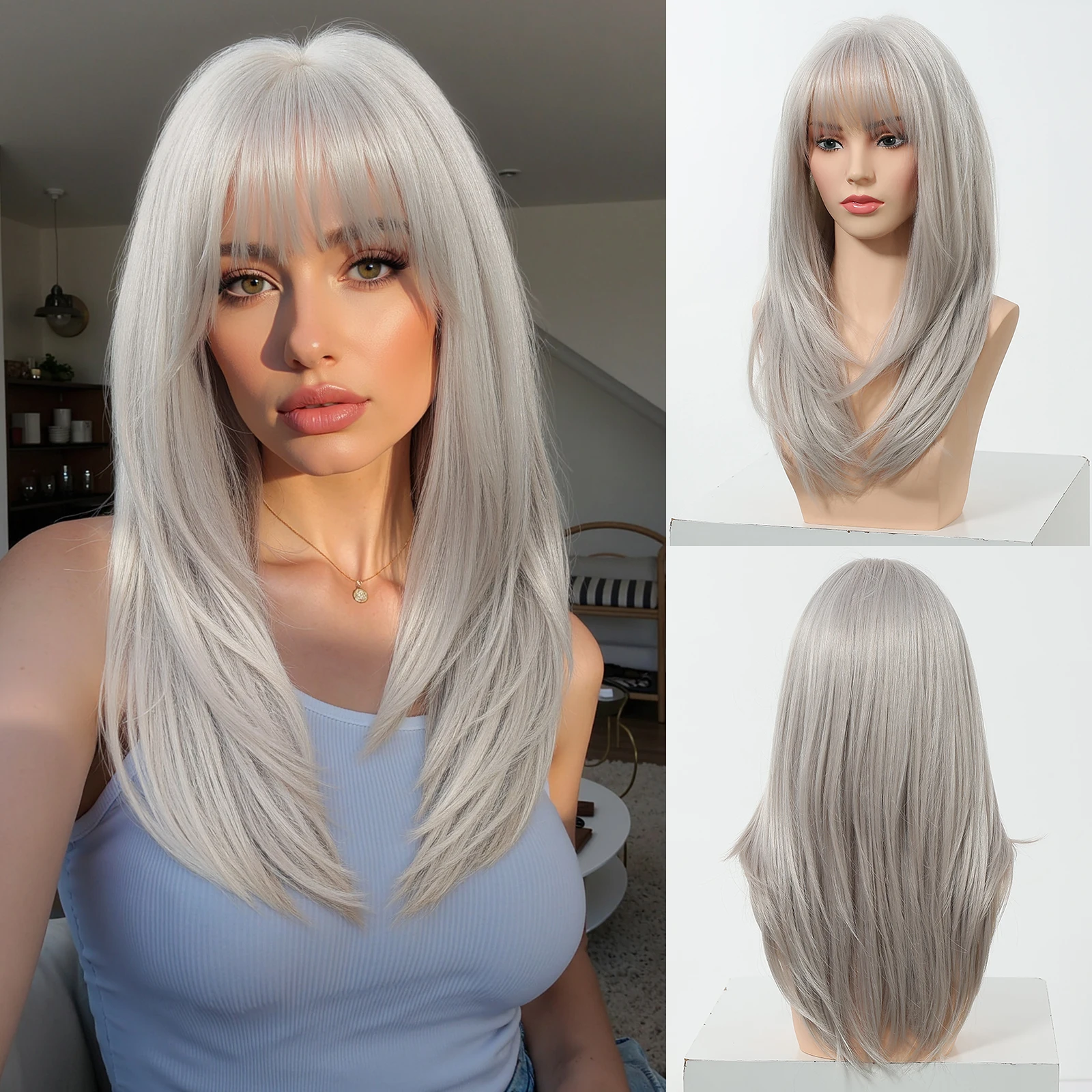 

ESIN Long Straight Colorful Synthetic Hair Wig with Bang Grey Party Wig for Women Lolita Cosplay Fake Hair Heat Resistant Fiber