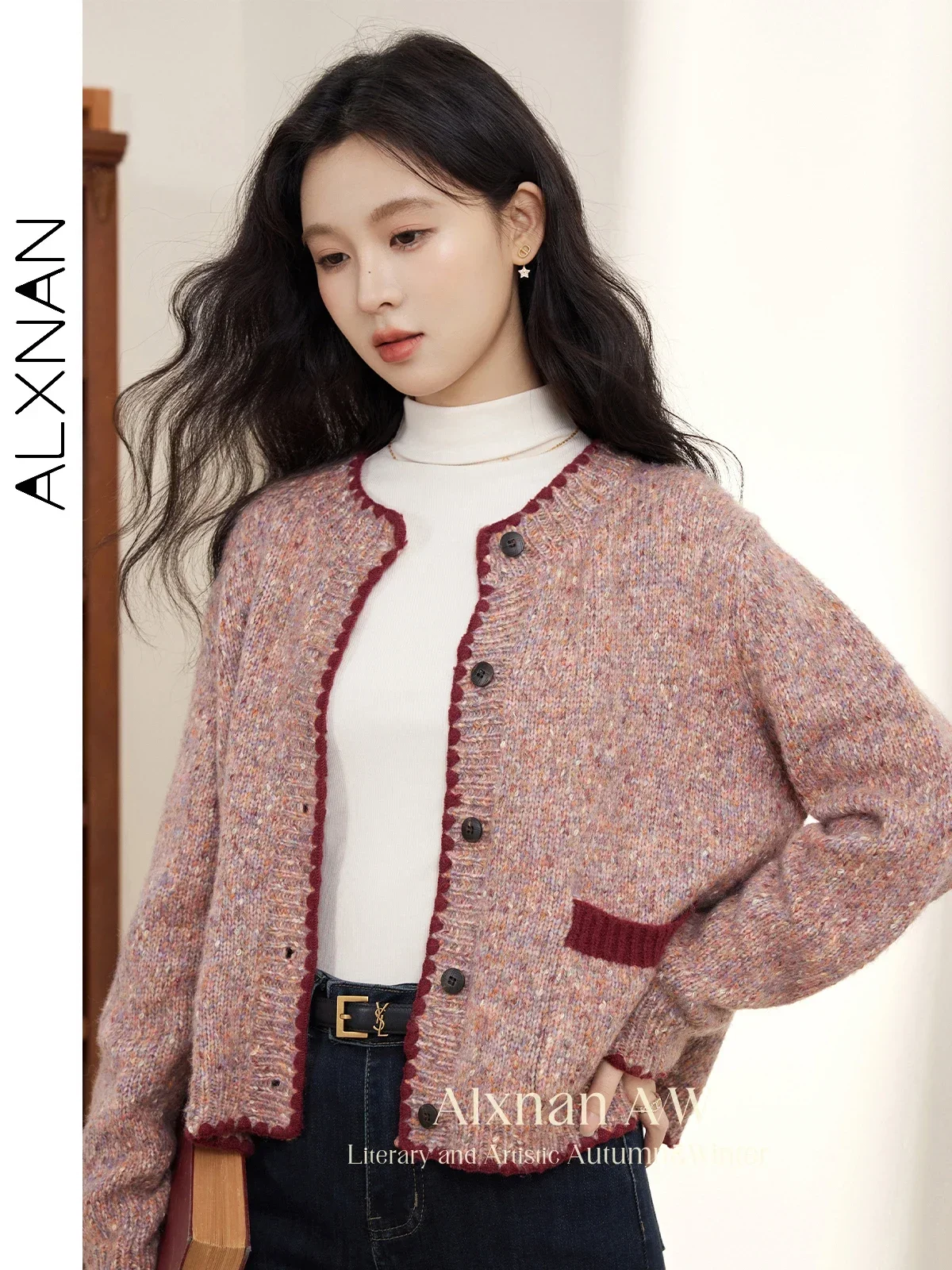 

ALXNAN Women's Wool Cardigans Round Collar Wood Buttons Shell Embroidery Warm Knitted Sweater Autumn Warm Female Clothing L51307
