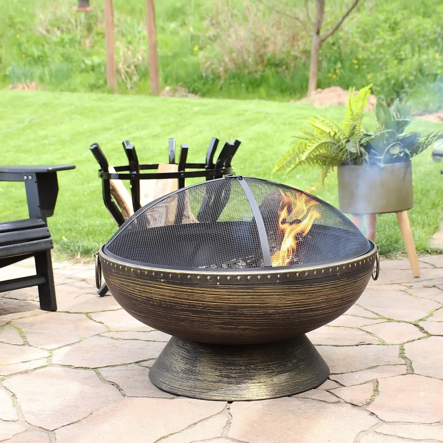 30-Inch Fire Pit Bowl with Spark Screen, Fireplace Poker, and Metal Grate - Black High-Temperature Paint Finish