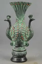 Collectible Handwork Old Bronze Carving Peacock Auspicious Vase
