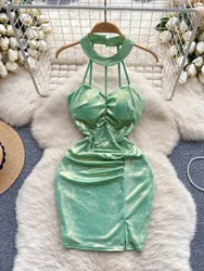 Foamlina Sexy Metallic Shiny Mini Bodycon Dress Women Fashion Summer Halter Strappy Sleeveless Backless Wrap Hip Party Dresses