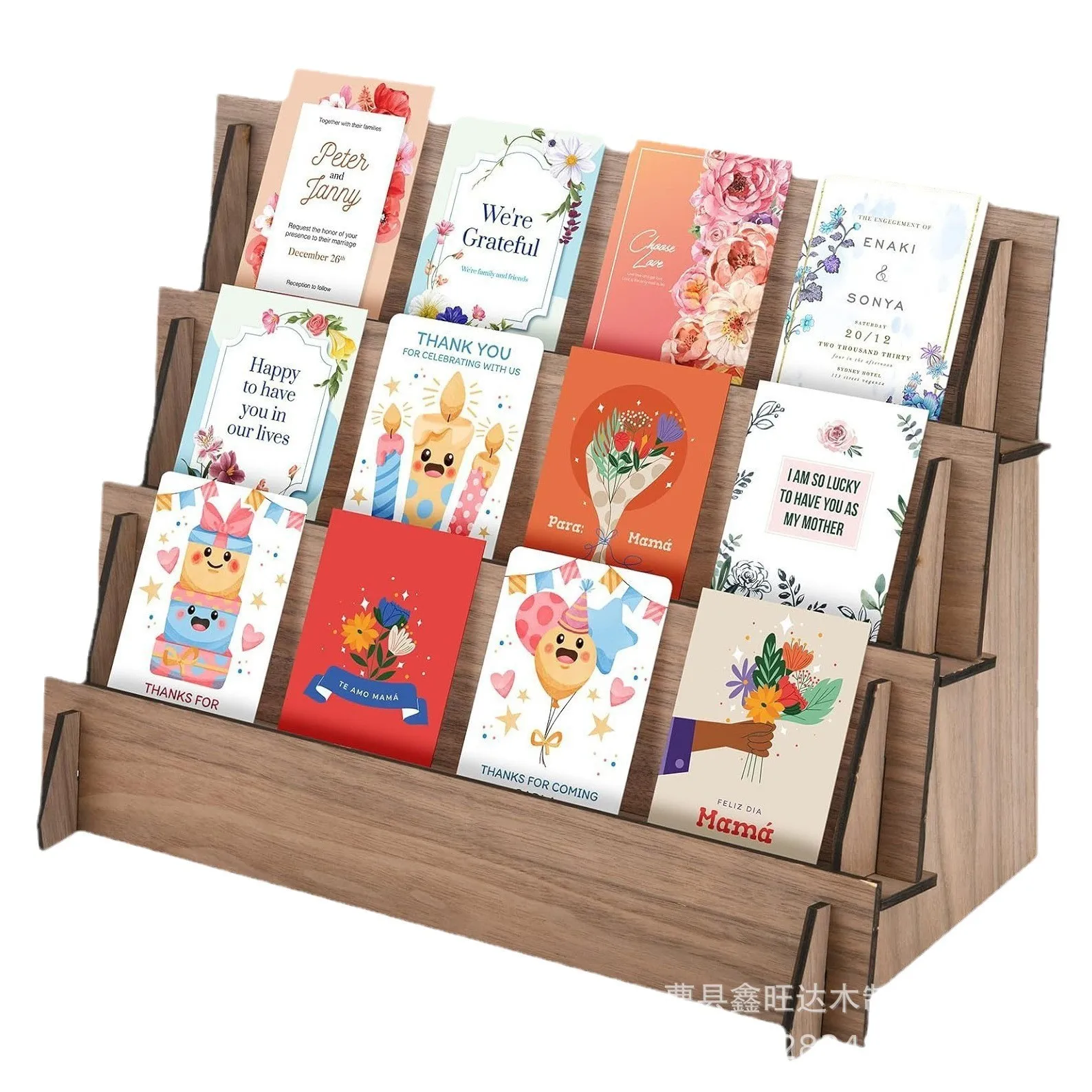 

Деревянная четырехслойная ступенчатая полка, настольная стойка для отделки карточек, меню, стеллаж для хранения визитных карточек, стеллаж для витрины из цельного дерева