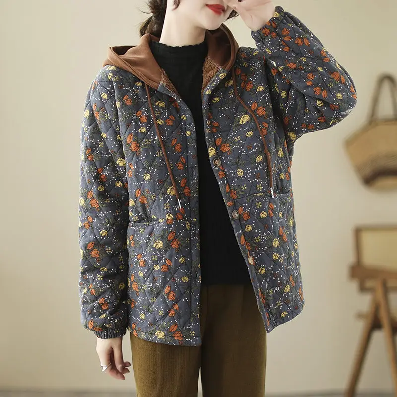 Large Size Women\'s Floral Jacket 2022 Autumn And Winter Cotton Coat Korean Loose Slim Hooded Thickened Fleece Outerwear T954