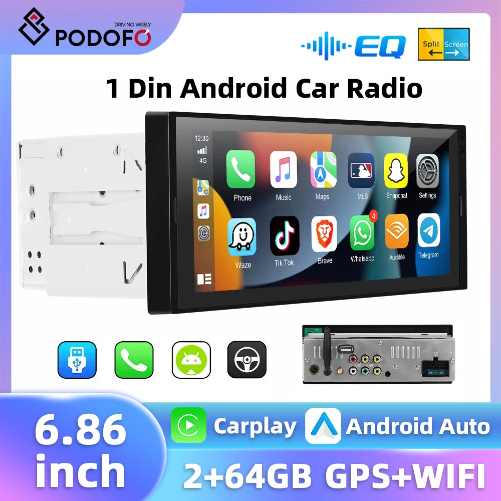 Podofo 6.86'' 2+64G Android Car Audio Carplay Android Auto 1Din Mlutimedia Player GPS Navigation WIFI Bluetooth FM/RDS Car Radio