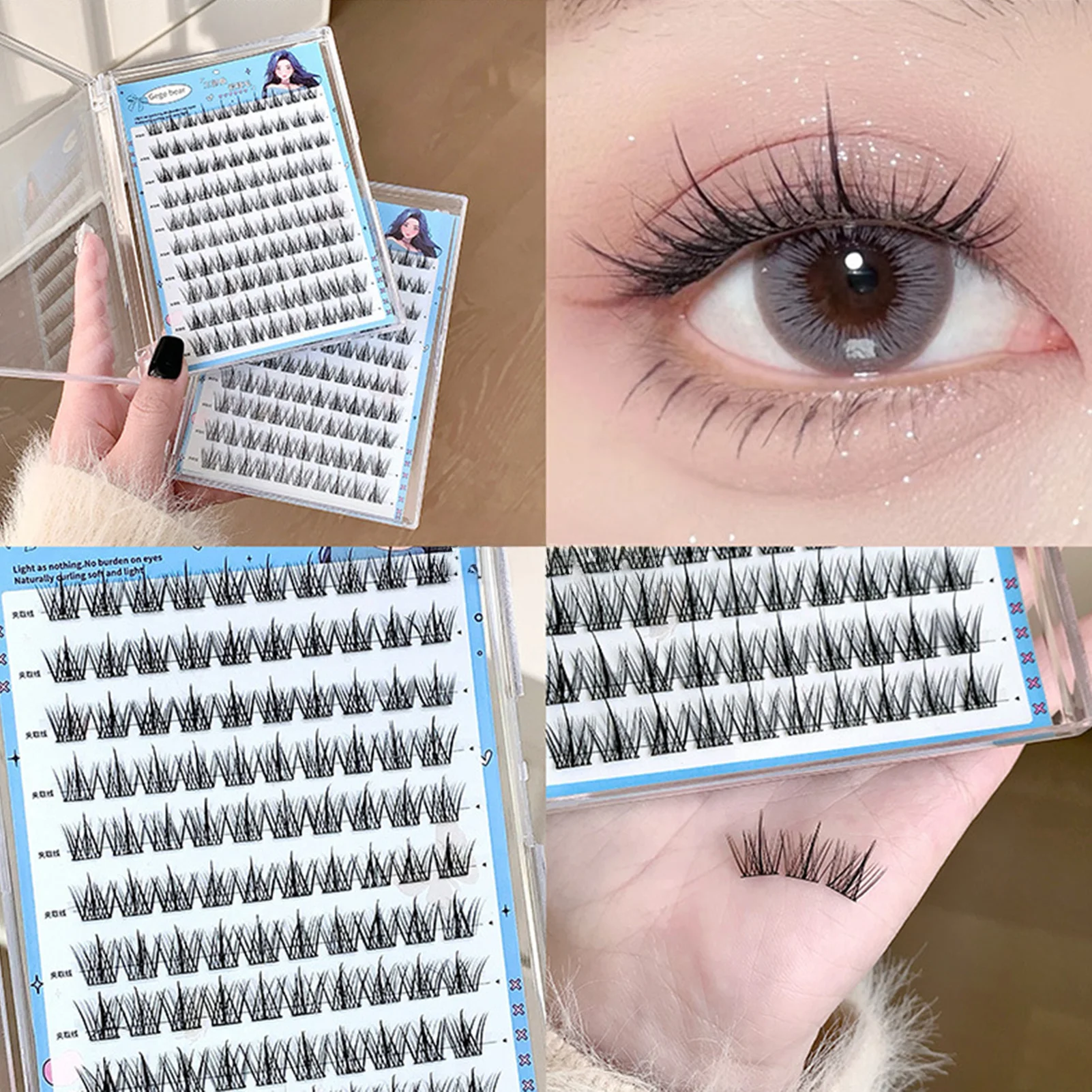 1 Box No Glue False Eyelashes 7-13mm Mixed Length Black C Curl Fiber Lashes for Women DIY Cosmetic Wispy Natural Eyelashes