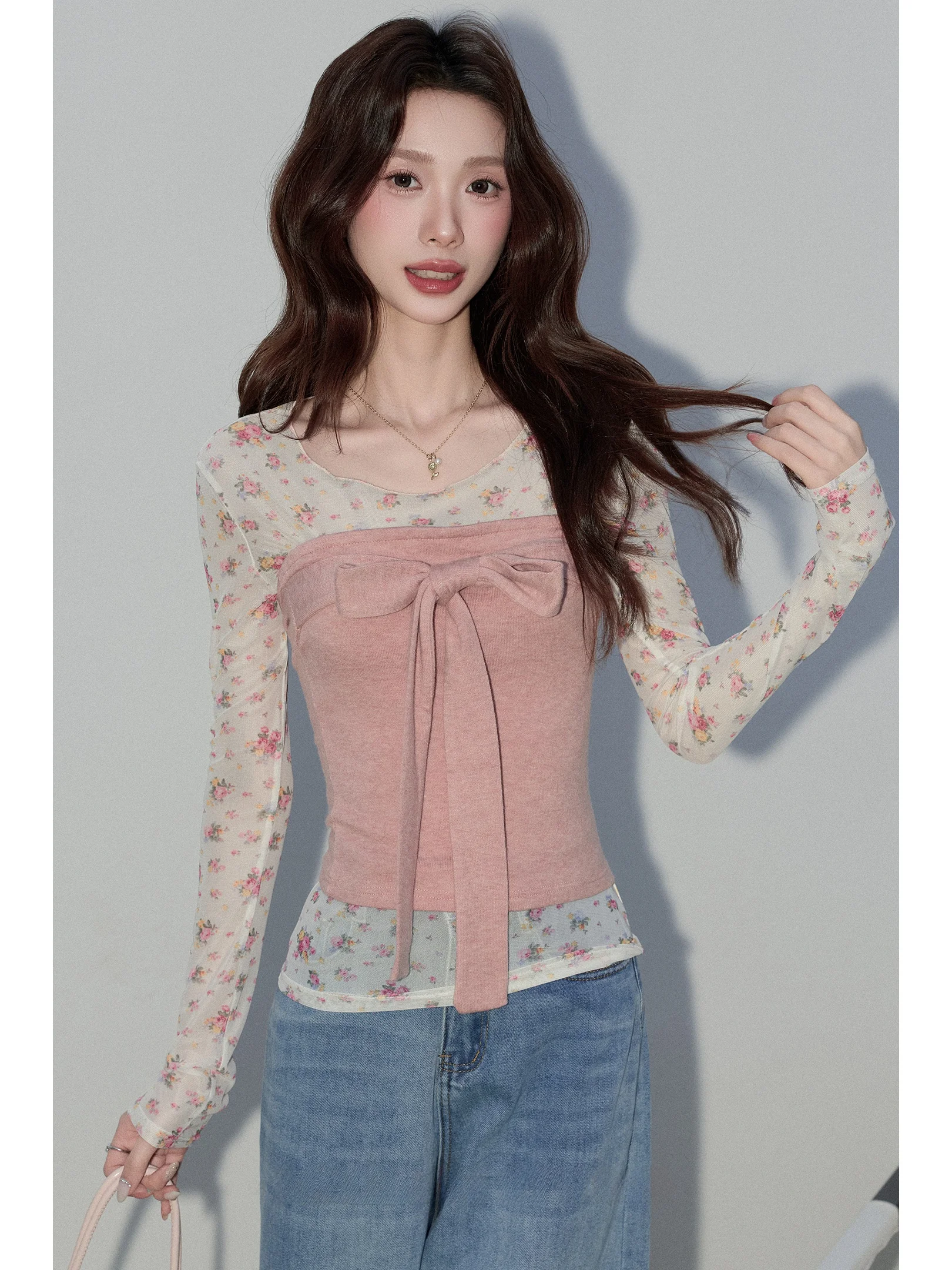 

Женская футболка Mii Xiaoke с цветочным принтом и длинными рукавами, с поясом на талии, летняя, новая, приталенная, в нежном стиле, для повседневной носки, городской прогулки