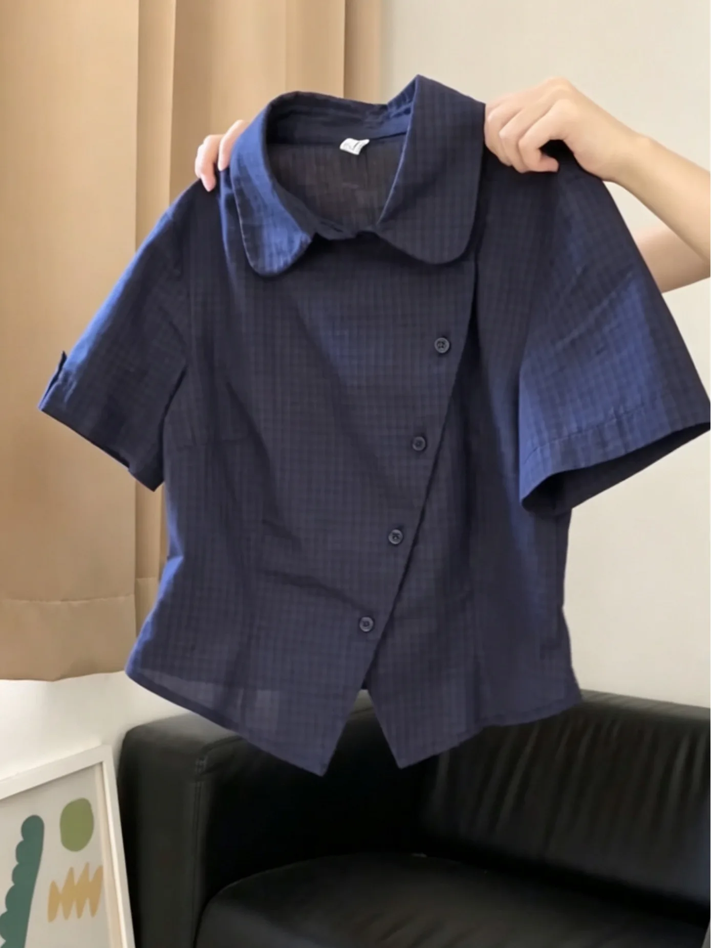 

French Style Waist-Cinching Short Sleeve Shirt for Women Summer 2026 New Retro Baby Doll Collar Plaid Print Button-Up Top