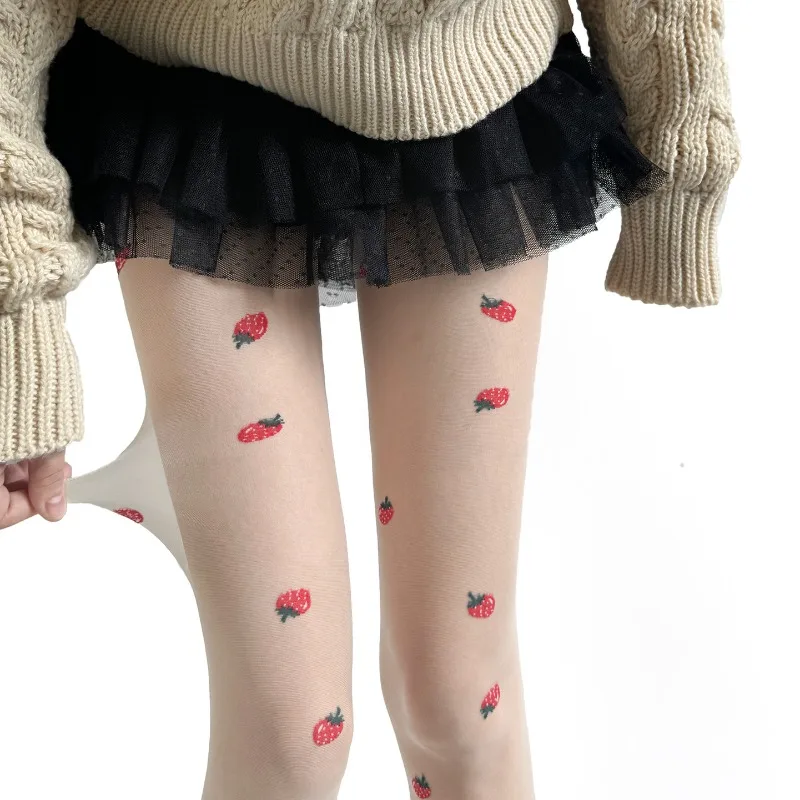 Korean Strawberry Jacquard Tights in Cream White Semi-Sheer Lolita Style Pantyhose with Black Base Slimming Aesthetic Legwear