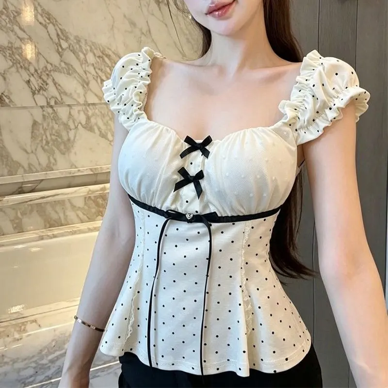 

Korean Polka Dot Bow Square Collar Blouse Summer New Puff Sleeve Female Clothing Hotsweet Fashion Lace Spliced Slim Waist Shirts