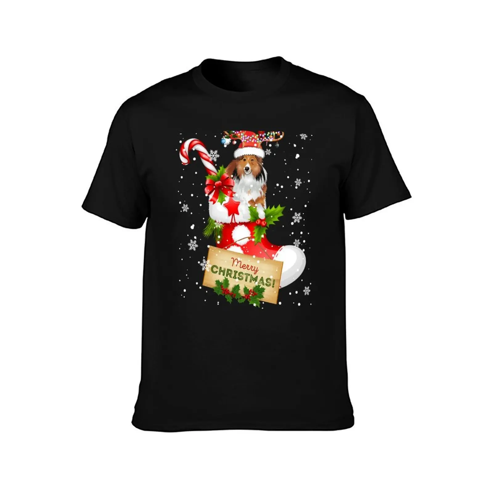 Merry Christmas Xmas Lights Santa Reindeer Sheltie In Sock Long Sleeve T-Shirt Summer Casual Cotton Tee Vintage Graphic Print