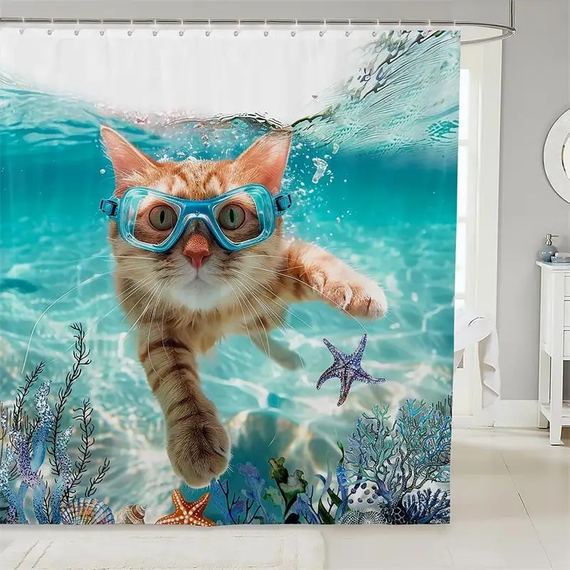 Funny Diving Dog Shower Curtains Cute Animal Starfish Seahorse Ocean Fish Coral Underwater Scenery Kids Bathroom Curtain Decor