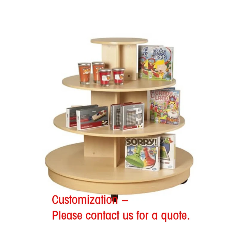 custom.HiKUYA Custom 4 Tier Round Wood Display Table Melamine MDF Display Shelves With Casters