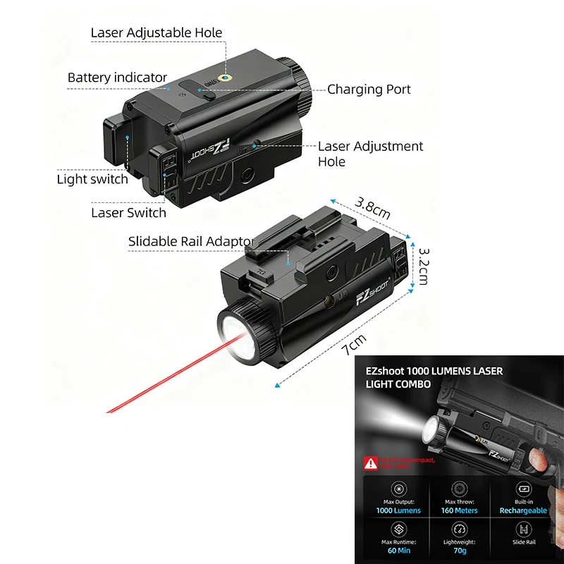 

EZshoot 1000 Lumens Pistol Light Red / Blue Laser Combo Tactical Flashlight with Slid Rail Compatible with G-lock and Picatinny