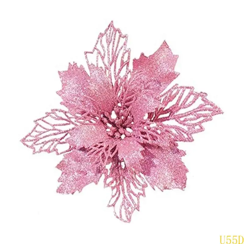 U55D 9cm Glitter Artifical Poinsettia Flower Christmas Tree Decorations for Xmas Wreath Ornaments Wedding Party - Detail 1