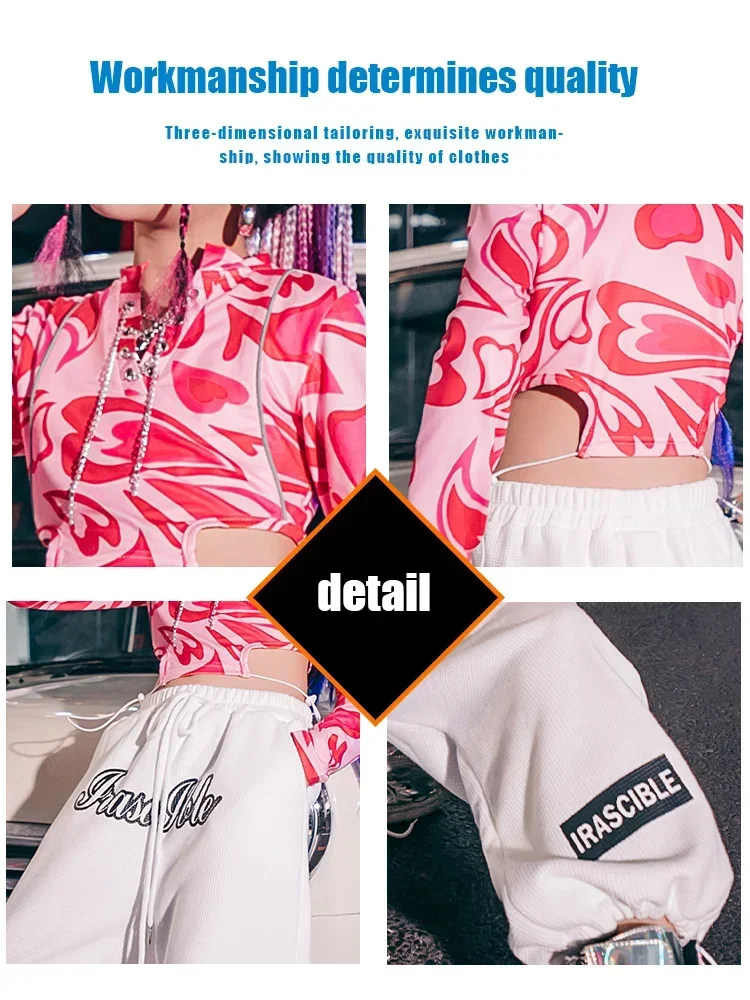 ZZL Urban Dance Mädchen Kleidung Teenager Kostüme Hip-Hop Street Dance Trainingsanzug Coole Kleidung für Kinder Hollow Dace K-Pop Rosa Weiß