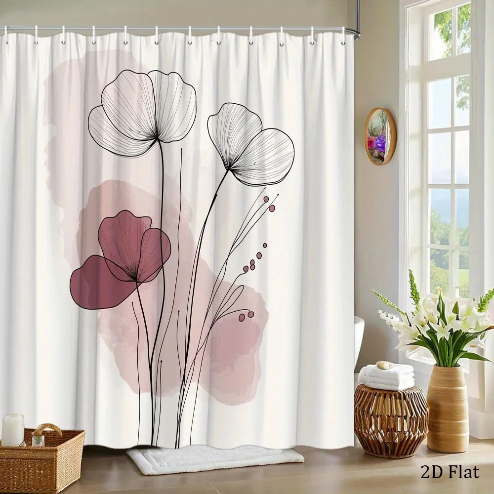 Boho Floral Line Art Shower Curtain Modern Bathroom Decor Watercolor Botanical Style Curtain