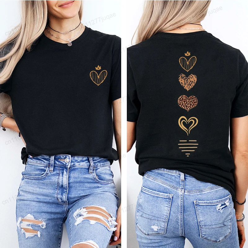 Queen Leopard Heart Print Casual Top for Summer Spring Women's Clothing Love Heart Print Crew Neck T-shirt Short Sleeve Tops