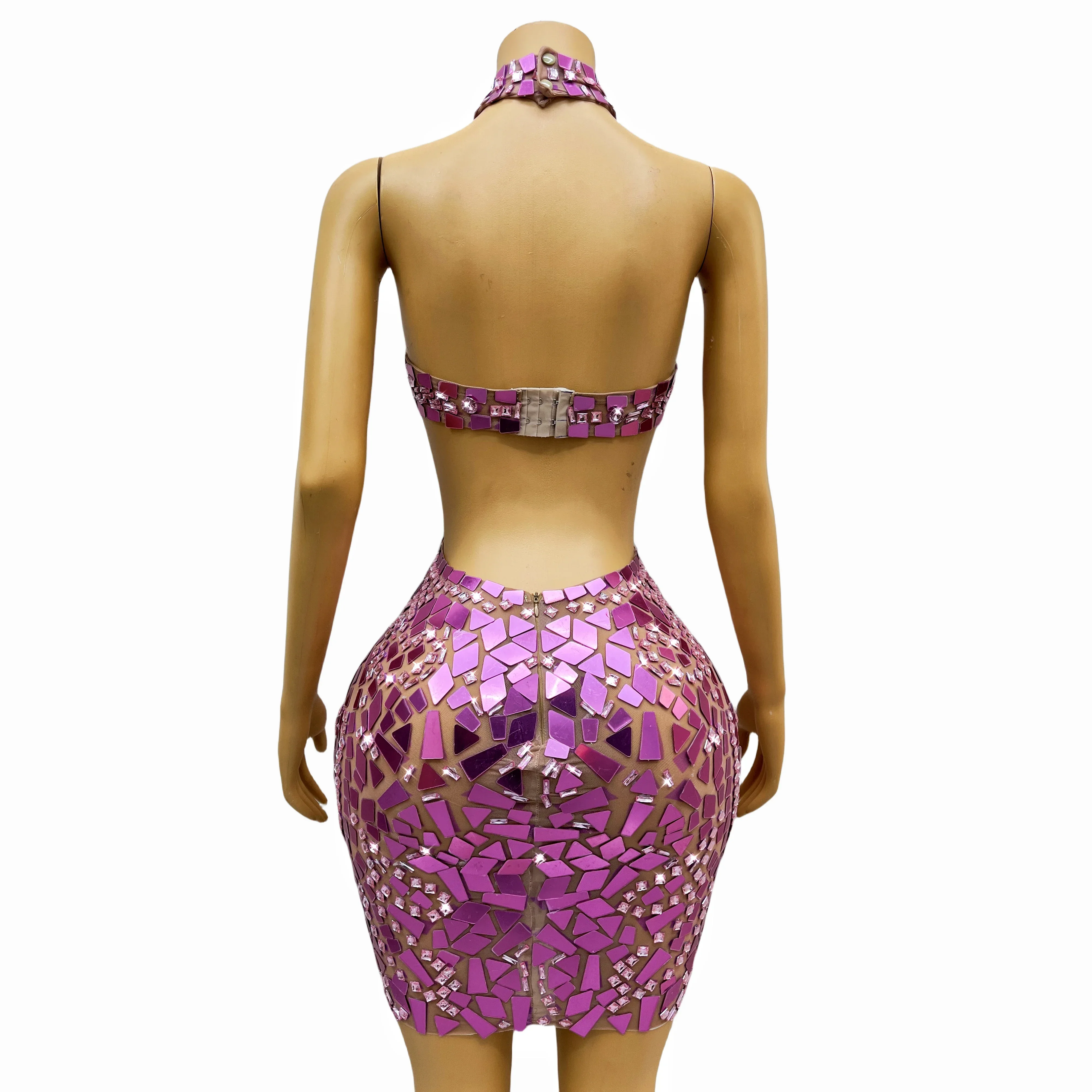 Fenshuang-vestido sem mangas com strass rosa para mulheres, vestido sexy para dança, palco, aniversário, traje, roupa de festa