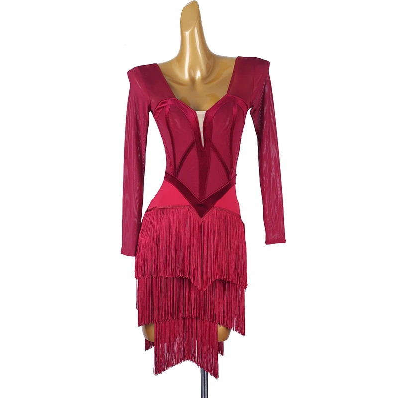 

2025 New Fringe Latin Dance Dress for Women Tassel Performance Salsa Rumba Party Long Sleeve Ballroom Dancing Stage Wear Costume