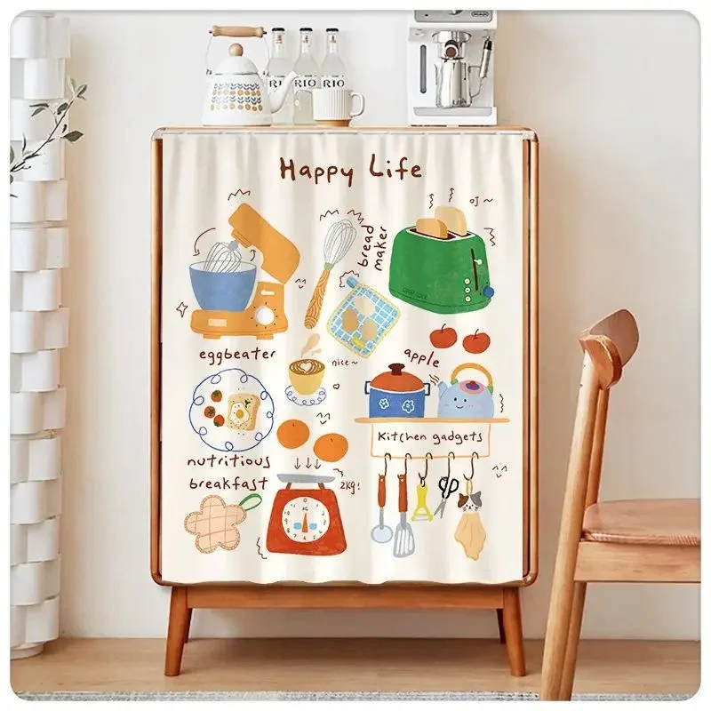 VIKAMA Cute Kitchen Apron Utensil Long Cabinet Curtain, Cartoon Cooking Tool Print Fabric Dust Cover for Sideboard Decor