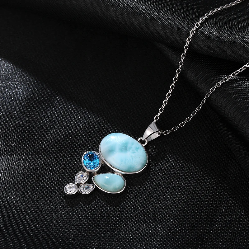 Candy Color 925 Sterling Silver Jewelry Gift Classic Pendant Necklace Natural Precious Larimar Retro Woman Contracted Style