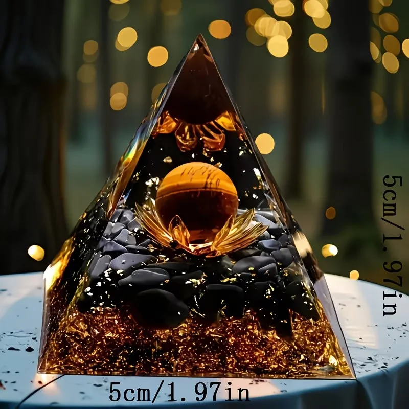 Elegant tiger-eye Crystal Ball And Pyramid Set Bright Blue Geometric Design Home Decor with Golden Black Base