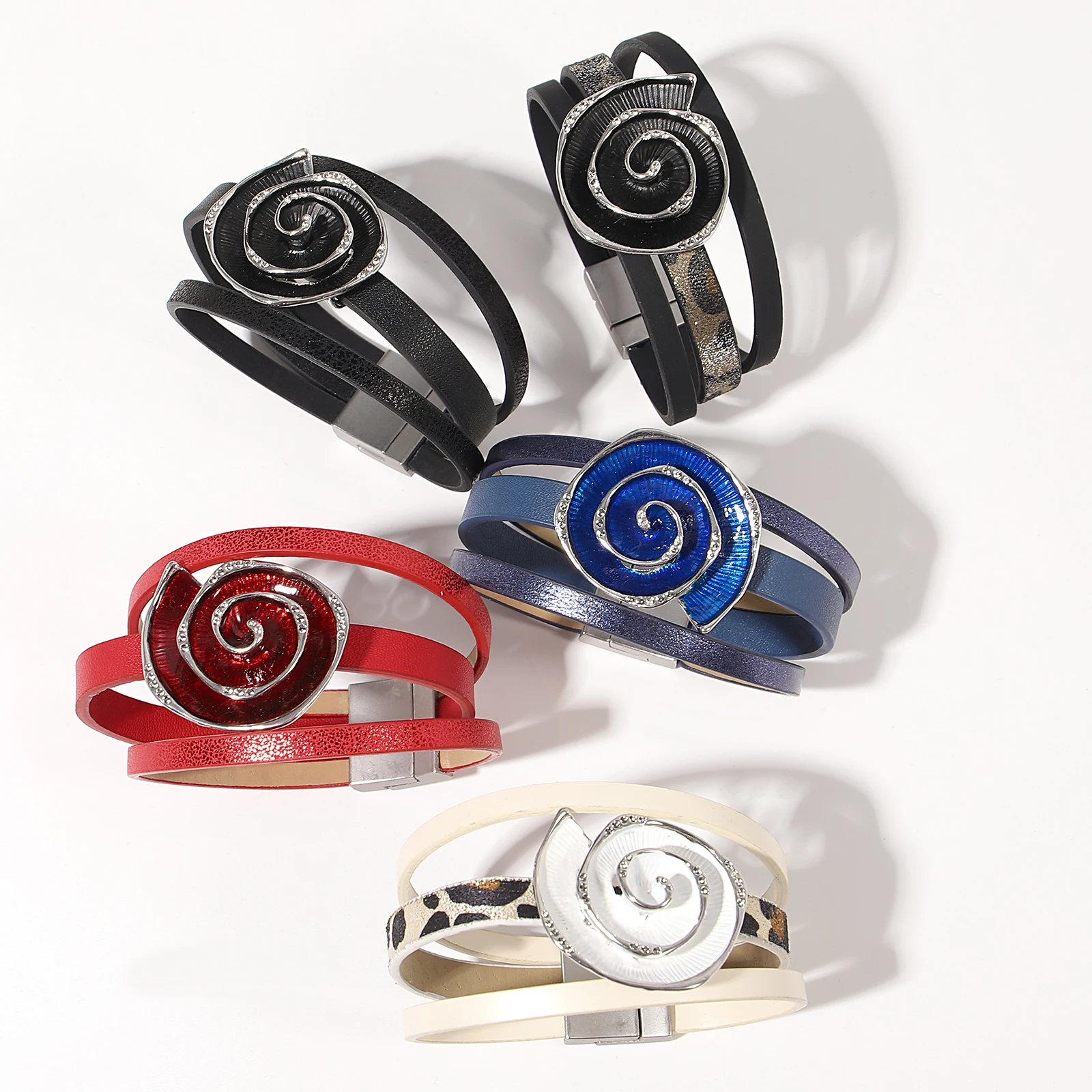 

Amorcome Retro Enamel Conch Leather Bracelets Classic Jewelry For Women Male Multilayer Wraps Bangles Magnet Clasp Trendy New