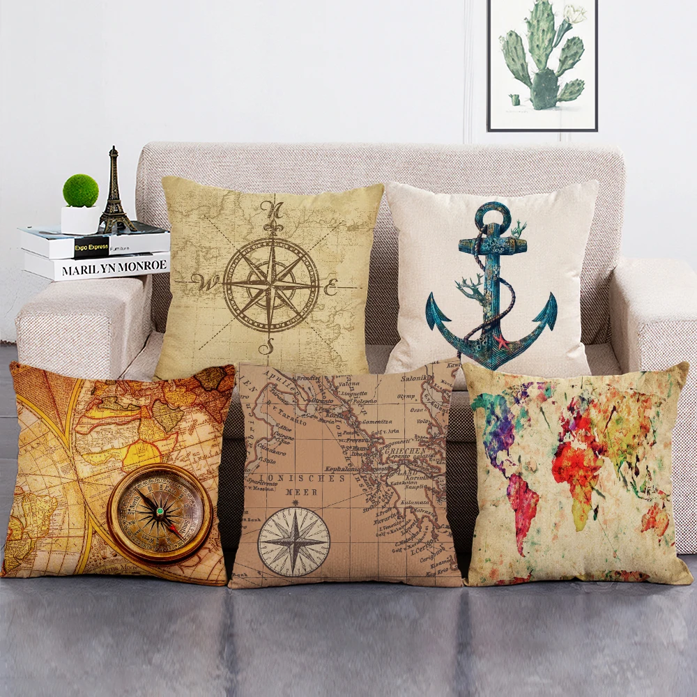 

Custom Vintage Map Decorative Cushion Cover Square Navigation Anchor Throw Pillow Case for Home Hotel
