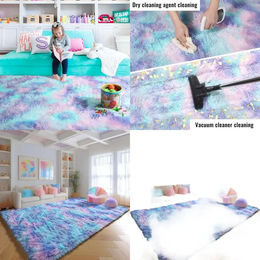 Kawaii Purple Rainbow Shag Rug, Soft & Fluffy for Girls' Bedroom, Playroom, Nursery, and Classroom