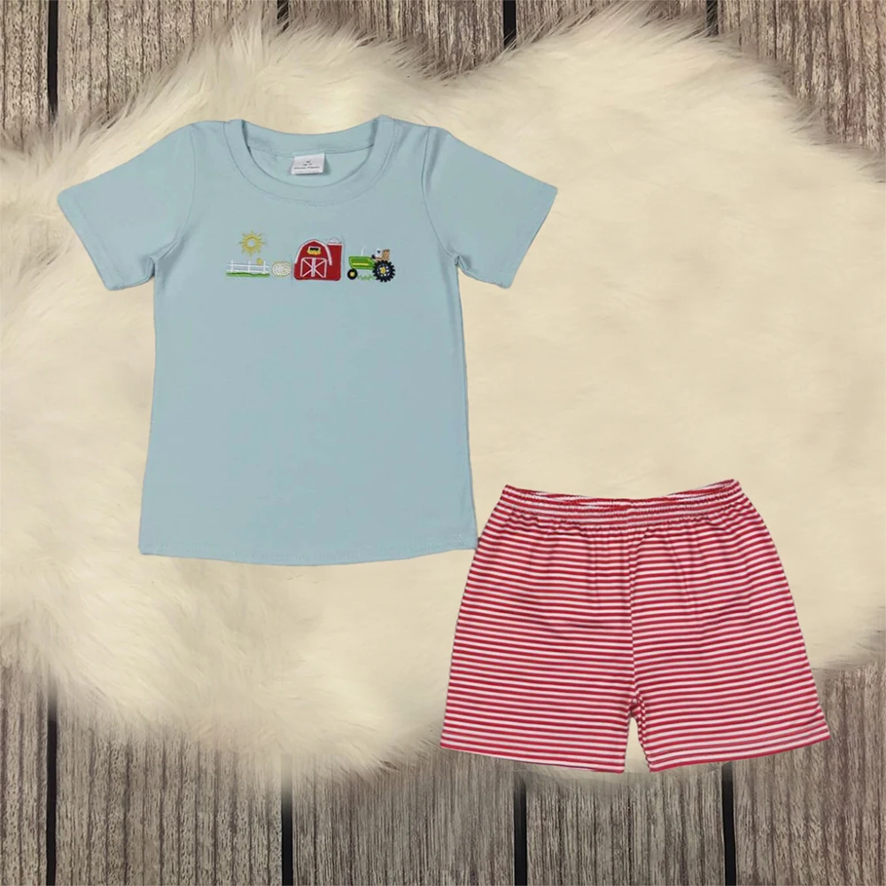 

Hot Sale Baby Boys Summer Clothes Children Embroidery Farm House Sets Toddler Cotton Outfit Kids Fashion Comfortable Clothing