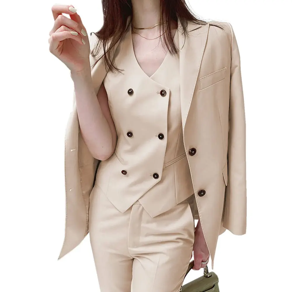 

Elegant Women's Suit Set Business Beige Woman Dress Pants 3 Piece Blazer Vest Pants Female Casual Suits 2023