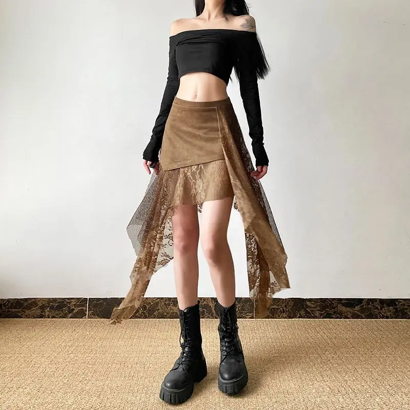 Retro Lace Floral Irregular Mesh Perspective High-Waisted Skirt Women Summer New Niche Design A-Line Short Skirt