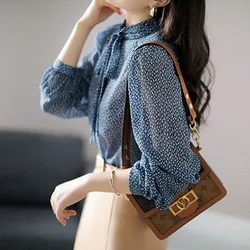 New Spring and Autumn Fashion Trend Standing Neck Bow Printed Chiffon Shirt Loose and Versatile Western Style Long Sleeved Top