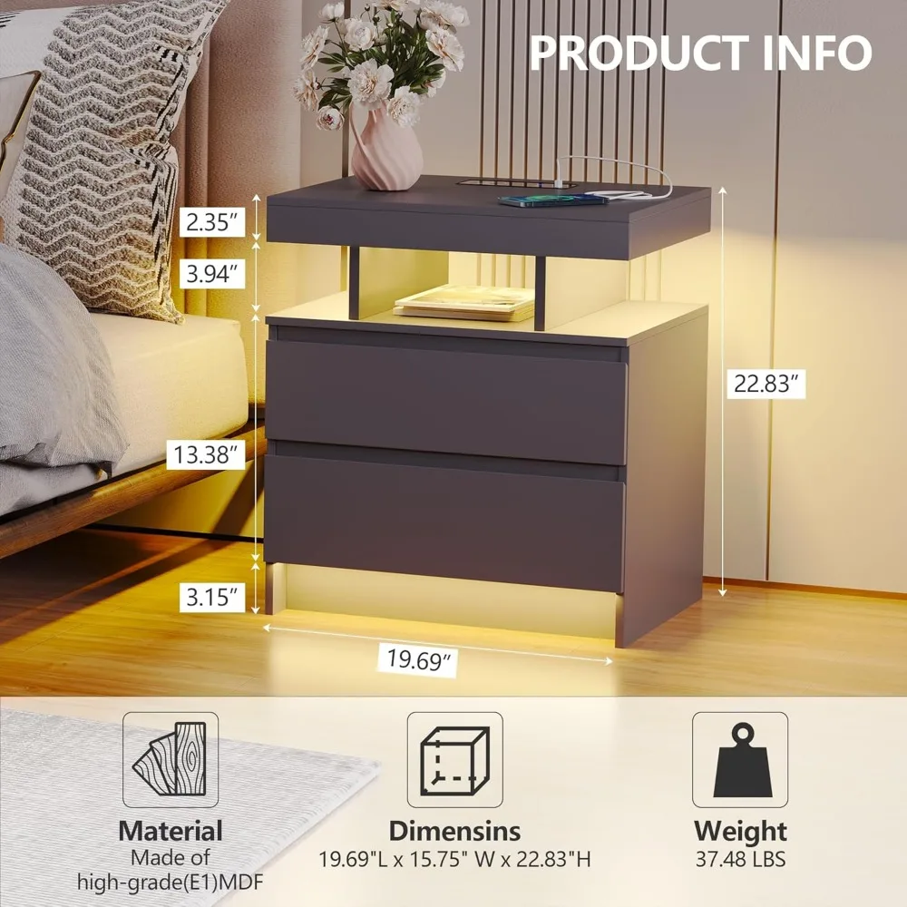 Nightstand with Charging Station and LED Light, Modern Night Stand with 2 Drawers,Nightstand with USB Ports and Wireless Charger