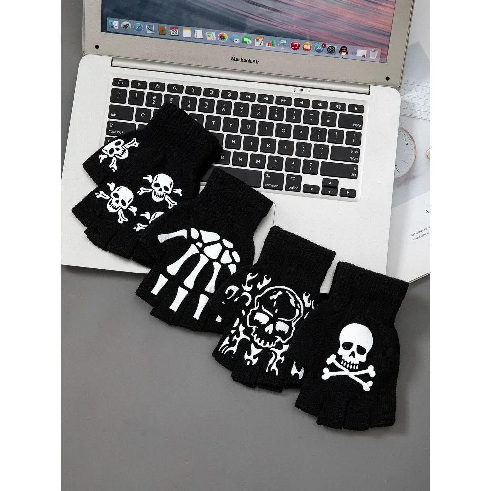 1pcs New Halloween Skeleton Skull Half Finger Punk Gloves Winter Skull Fingerless Black Mitten
